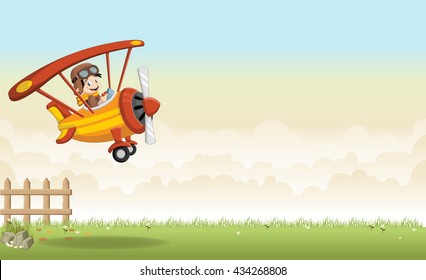 Cartoon pilot boy on a airplane flying over green grass landscape