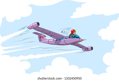 The cartoon pilot controls a jet plane