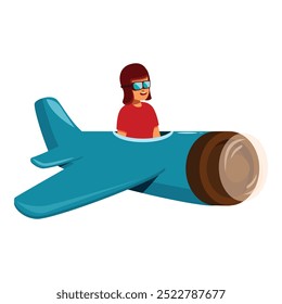 Cartoon pilot enjoying her flight in a small plane, showcasing the thrill and freedom of aviation