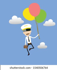 Cartoon Pilot Flight Attendant - Flying with Balloons
