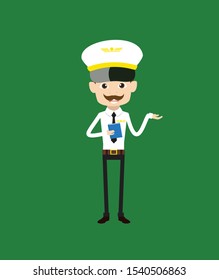 Cartoon Pilot Flight Attendant - Holding a Book and Presenting Vector