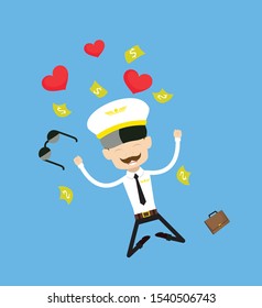Cartoon Pilot Flight Attendant - Jumping with Hearts and Money
