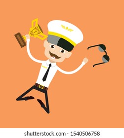 Cartoon Pilot Flight Attendant - Jumping with Trophy