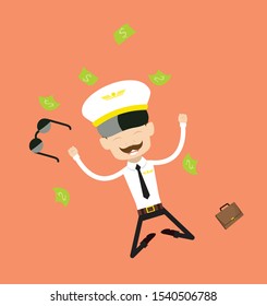 Cartoon Pilot Flight Attendant - Jumping in Excitement with money