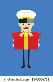 Cartoon Pilot Flight Attendant - Presenting a Gift Box