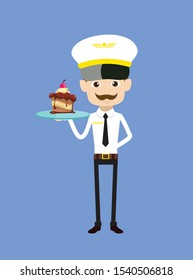 Cartoon Pilot Flight Attendant - Presenting a Cake