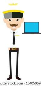 Cartoon Pilot Flight Attendant - Presenting a Laptop Vector