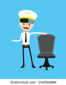 Cartoon Pilot Flight Attendant - Standing with Chair and Gesturing with Hand