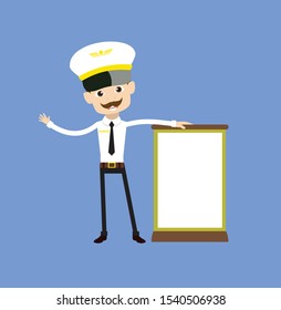 Cartoon Pilot Flight Attendant - Standing with a Blank Board