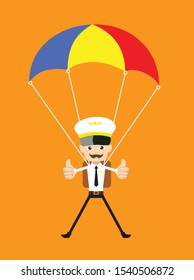 Cartoon Pilot Flight Attendant - Successful Landing with Parachute
