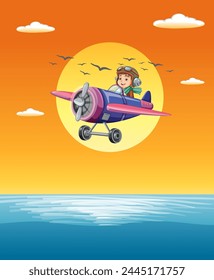 Cartoon pilot flying airplane above the ocean.
