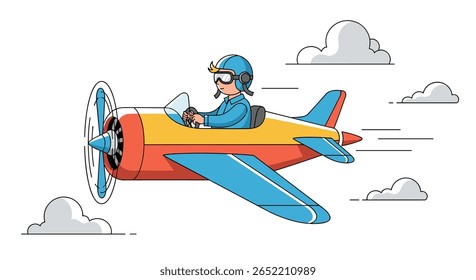 Cartoon pilot flying a vintage biplane through fluffy clouds in the sky