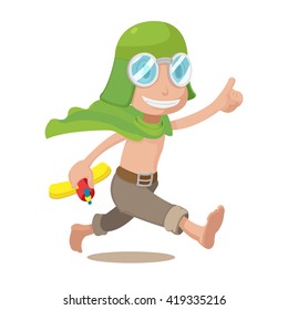 Cartoon Pilot Kids Boy Run Vector