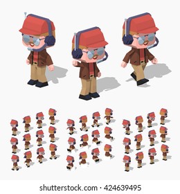 Cartoon pilot minifigure. 3D lowpoly isometric vector illustration. The set of objects isolated against the white background and shown from different sides