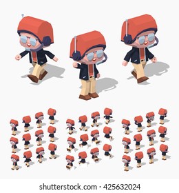 Cartoon pilot minifigure. 3D lowpoly isometric vector illustration. The set of objects isolated against the white background and shown from different sides