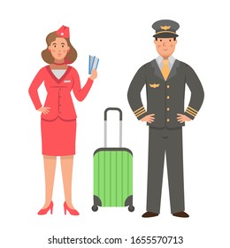 Cartoon pilot and stewardess with luggage and tickets, character for children. Flat vector illustration