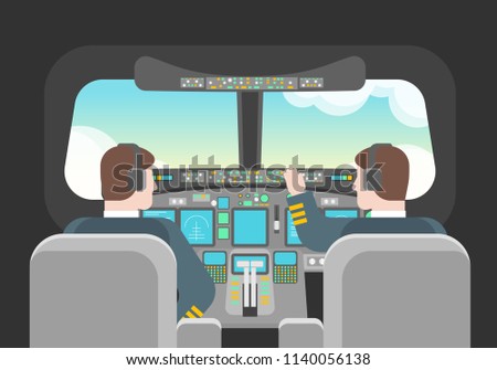 Cartoon Pilots Inside in Cockpit Concept Captain of Airplane Transportation Element Flat Design Style. Vector illustration of Pilot