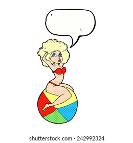 cartoon pin up girl sitting on ball with speech bubble