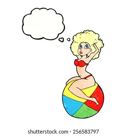 cartoon pin up girl sitting on ball with thought bubble