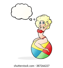 cartoon pin up girl sitting on ball with thought bubble