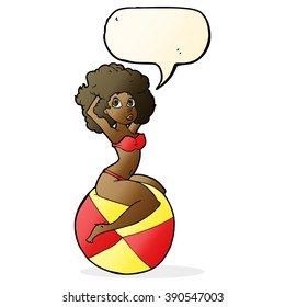 cartoon pin up girl sitting on ball with speech bubble