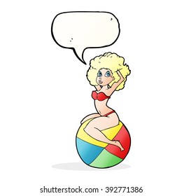 cartoon pin up girl sitting on ball with speech bubble