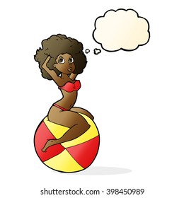 cartoon pin up girl sitting on ball with thought bubble