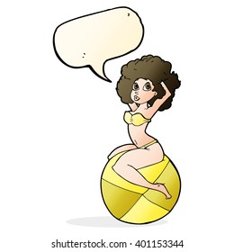 cartoon pin up girl sitting on ball with speech bubble