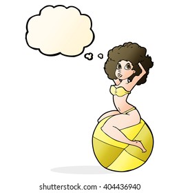 cartoon pin up girl sitting on ball with thought bubble