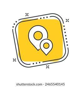 Cartoon pin pointer icon vector illustration. Locaion on isolated yellow square background. Position pin sign concept.