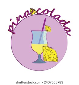 Cartoon Pina Colada cocktail colorful icon on white background, fruit vector illustration