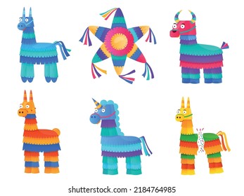 Cartoon Pinata. Colorful Mexican Toys, Pinatas Mexico Carnival Children Birthday Paper Containers Candy Sweets Party Kid Celebration Fiesta, Flat Icon Vector Illustration Of Mexican Pinata Toy