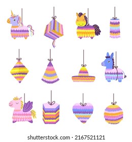 Cartoon pinatas. Mexican donkey toy for party celebration, pony horse animal birthday pinata and paper unicorn vector set of donkey mexican party traditional decoration illustration