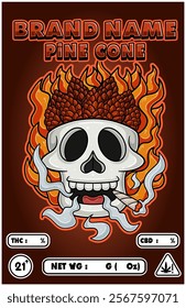 Cartoon Pine Cone on Skull Head Smoking And Burning Fire Backgrounds. For Product Packaging Cover. Vectors Illustrations
