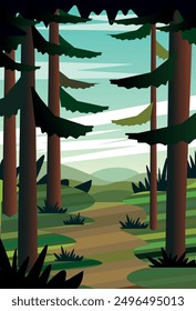 Cartoon pine forest background, vector illustration