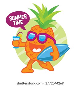 Cartoon pineapple carries a surfboard and a glass of juice ready to summer time, good for t shirt and sticker design