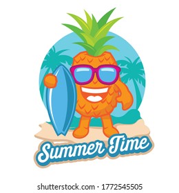 Cartoon pineapple character carries a surfboard ready to surfing in summer time, perfect for tshirt and sticker design