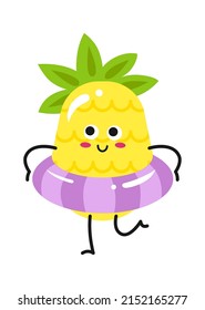 Cartoon pineapple character with inflatable circle. Vector illustration