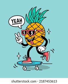 A Cartoon Pineapple Character Skateboarding. Vector Design For Apparel Prints, Posters And Other Uses.