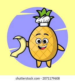 Cartoon pineapple chef mascot character with menu in hand cute style design for t-shirt, sticker, logo elements