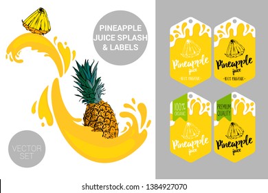 cartoon pineapple cut with juice splashes. Organic fruit labels tags. Colorful tropical stickers. Juicy exotic fruit badges with splashes. Ananas vector package set for web, print