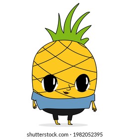 Piña de caricatura. Carácter de fruta lindo en la ropa. Ilustración vectorial aislada.