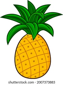 Cartoon Pineapple Fruit With Green Leaves. Vector Hand Drawn Illustration Isolated On Transparent Background