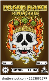 Cartoon Pineapple Fruit on Skull Head Smoking And Burning Fire Backgrounds. For Product Packaging Cover. Vectors Illustrations
