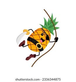 Caricatura de pirata de frutas de piña y carácter corsario. Atentado de velero de plantas tropicales vectoriales con sable colgado en cuerda. Bucaneer sonriente aislado, freebooter, picarón niños libro o personaje de juego