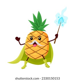 Cartoon pineapple fruit wizard or magician character. Funny vector magic personage in cloak with wand. Senior wiz or sorcerer with cute face, tropical fruit enchanter, isolated necromancer casts spell