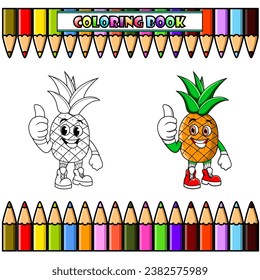 Cartoon pineapple giving thumbs up for coloring book