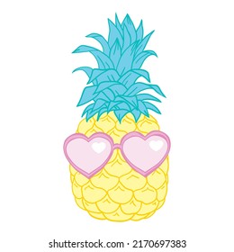 Cartoon pineapple in glasses. Fresh cute exotic fruit wear in sunglasses. Fanny summer vector illustration isolated on white.
