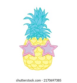 Cartoon pineapple in glasses. Fresh cute exotic fruit wear in sunglasses. Fanny summer vector illustration isolated on white.
