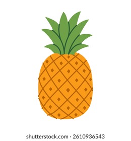 A cartoon pineapple with a green leaf on top. The pineapple is orange and has a diamond pattern on it